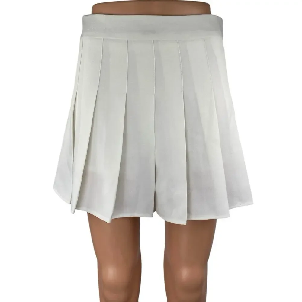 Fashion Women's White Pleated A Line Preppy High Waisted Mini Skirt Size M